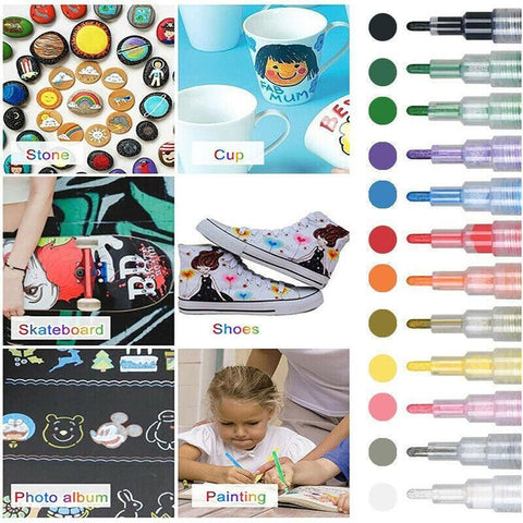 Flysea 12-80 Colours Acrylic Paint Pens Painting Stone Ceramic Glass Marker2-3Mm - 12-Colour Set