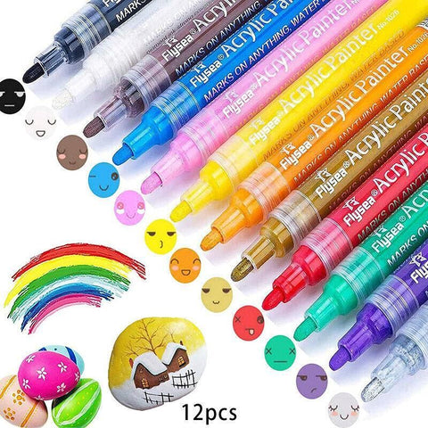 Flysea 12-80 Colours Acrylic Paint Pens Painting Stone Ceramic Glass Marker2-3Mm - 12-Colour Set