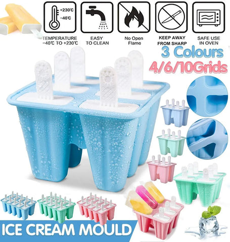 Silicone Ice Cream Mould Block Frozen Molds Icy Pole Jelly Popsicle - Blue-4Grid