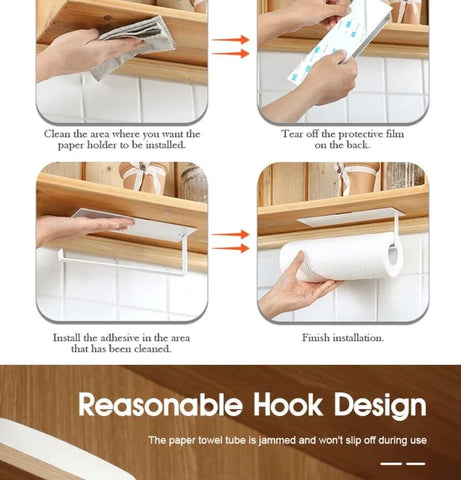 Self-Adhesive Paper Towel Holder Rack for Kitchen Rolls and Wrap Storage - Black x 1 unit