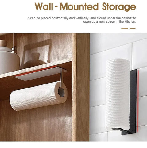 Self-Adhesive Paper Towel Holder Rack for Kitchen Rolls and Wrap Storage - Black x 1 unit