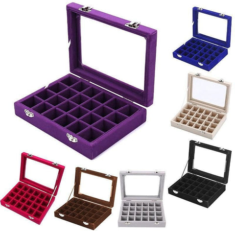 Velvet Jewelry Box Earring Organizer Display Case Storage Holder with 24 Grid - Rose Red