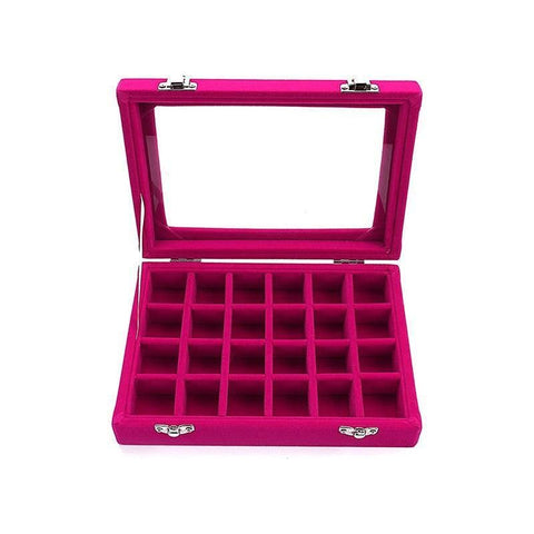Velvet Jewelry Box Earring Organizer Display Case Storage Holder with 24 Grid - Rose Red