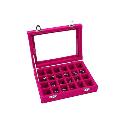 Velvet Jewelry Box Earring Organizer Display Case Storage Holder with 24 Grid - Rose Red