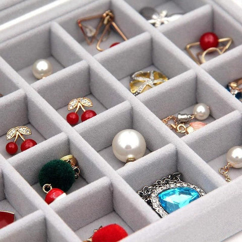 Velvet Jewelry Box Earring Organizer Display Case Storage Holder with 24 Grid - Rose Red