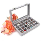 Velvet Jewelry Box Earring Organizer Display Case Storage Holder with 24 Grid - Rose Red