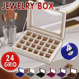 Velvet Jewelry Box Earring Organizer Display Case Storage Holder with 24 Grid - Rose Red