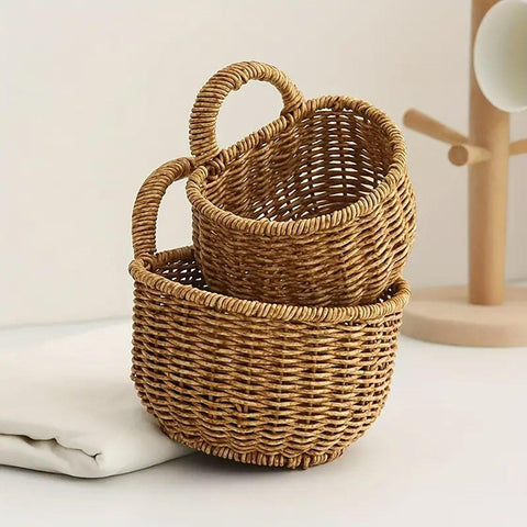 Imitation Rattan Woven Storage Basket Shelf Organizer Wash Rack for Home Decor - Large