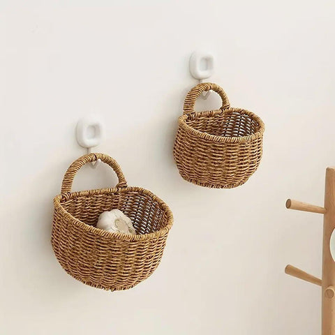 Imitation Rattan Woven Storage Basket Shelf Organizer Wash Rack for Home Decor - Small