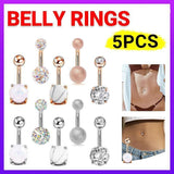 5Pcs Belly Bar Piercing Ring Crystal Zircon Surgical Steel Silver Jewellery - Rose Gold