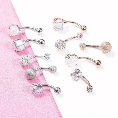 5Pcs Belly Bar Piercing Ring Crystal Zircon Surgical Steel Silver Jewellery - Rose Gold
