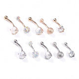 5Pcs Belly Bar Piercing Ring Crystal Zircon Surgical Steel Silver Jewellery - Rose Gold