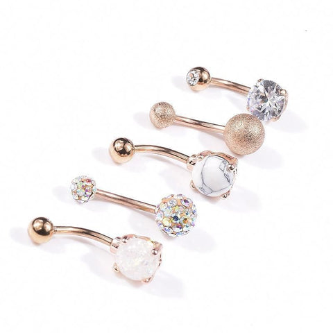 5Pcs Belly Bar Piercing Ring Crystal Zircon Surgical Steel Silver Jewellery - Rose Gold