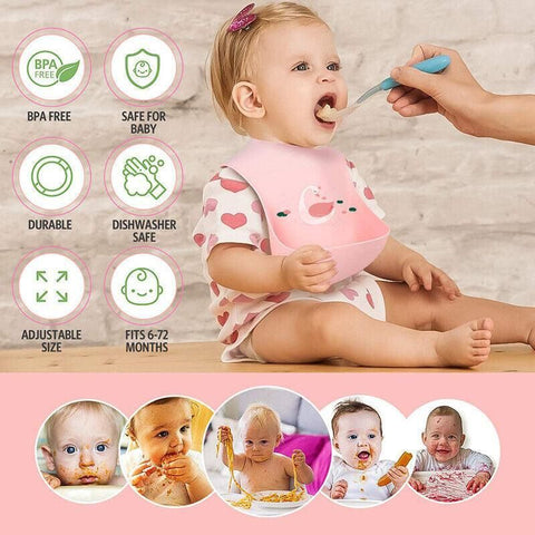 Silicone Waterproof Feeding Bib Apron with Pouch Easy to Clean Smock for Mealtime Use - Sheep