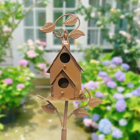 Birdhouse Garden Stakes Outdoor Yard Ornaments for Lawn and Garden Decoration - A