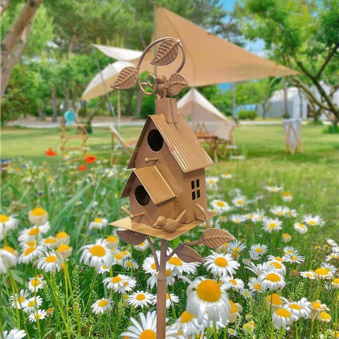 Birdhouse Garden Stakes Outdoor Yard Ornaments for Lawn and Garden Decoration - A