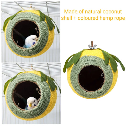 Bird Nest Parrot Nest Coconut Shell Braided Twine Colourful Cage Hanging Bed - Green-Yellow-Screw Model