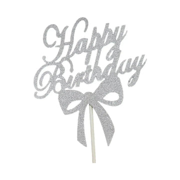 Happy Birthday Cake Topper Colour Printed Acrylic Party Decorations - Silver-Bowknot