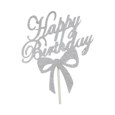 Happy Birthday Cake Topper Colour Printed Acrylic Party Decorations - Silver-Bowknot