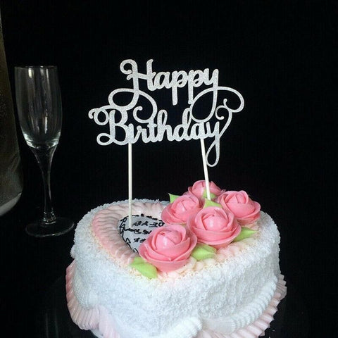 Happy Birthday Cake Topper Colour Printed Acrylic Party Decorations - Silver-Bowknot