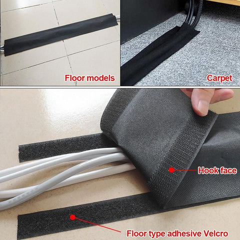 Cable Cover Nylon Sticky Wire Protector Floor Blanket Reusable Cord Tube Cover - Black-3Meter(with adhesive)-Floor