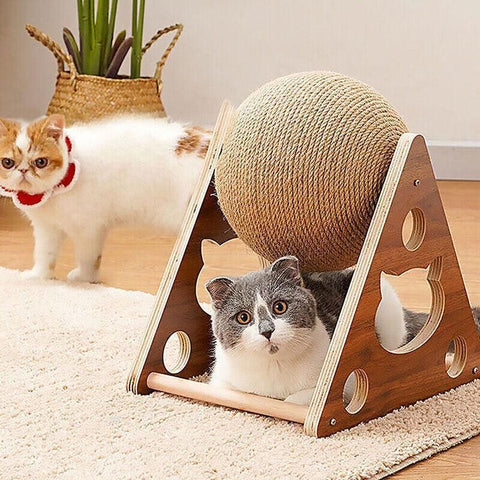 Wooden Cat Scratcher Toy with Rotating Sisal Ball Scratch Post Triangle Frame