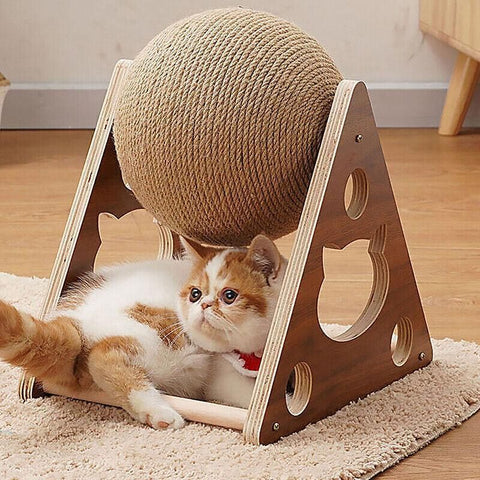 Wooden Cat Scratcher Toy with Rotating Sisal Ball Scratch Post Triangle Frame