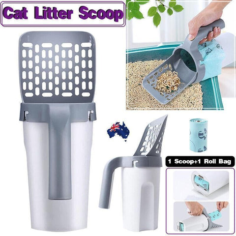 Cat Litter Scoop Integrated Detachable Shovel Holder Poop Pet Sifter Cleaning - 2 Roll Garbage Bags