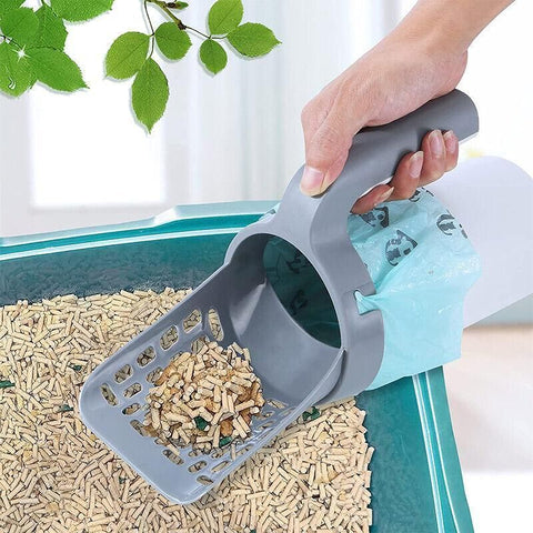 Cat Litter Scoop Integrated Detachable Shovel Holder Poop Pet Sifter Cleaning - 2 Roll Garbage Bags