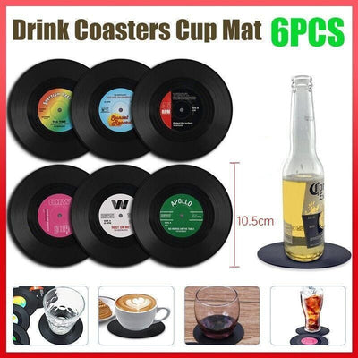 6PCS Retro Vinyl Record Drink Coasters Set - Round ABS Cup Mats for Home or Bar