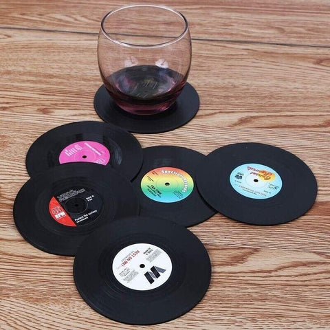 6PCS Retro Vinyl Record Drink Coasters Set - Round ABS Cup Mats for Home or Bar