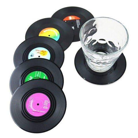 6PCS Retro Vinyl Record Drink Coasters Set - Round ABS Cup Mats for Home or Bar