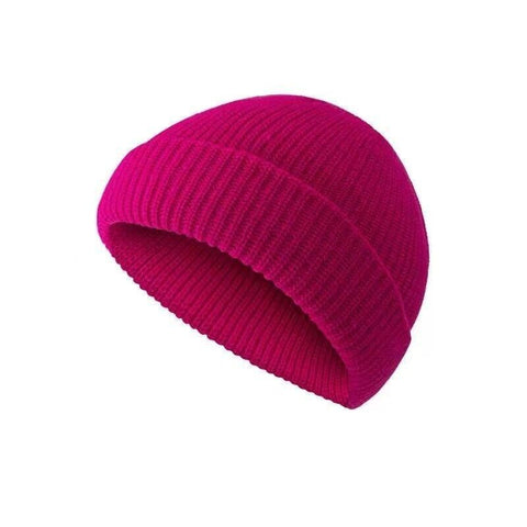 Men Women Mini Fisherman Beanie Winter Spring Hat Soft Knitted Docker Skull Cap - Rose Red