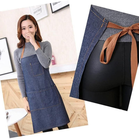 Adjustable Denim Apron Pocket Hanging Neck Cooking Kitchen Baking Bar Cafe Chefs