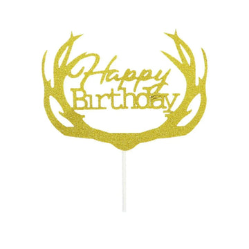 Happy Birthday Cake Topper Colour Printed Acrylic Party Decorations - Gold-Deer