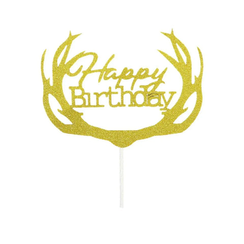 Happy Birthday Cake Topper Colour Printed Acrylic Party Decorations - Gold-Deer