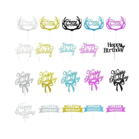 Happy Birthday Cake Topper Colour Printed Acrylic Party Decorations - Gold-Deer