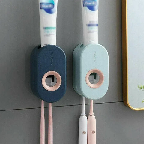 Automatic Toothpaste Dispenser Bathroom Wall-Mounted Rack Toothbrush Holder - Dark Blue