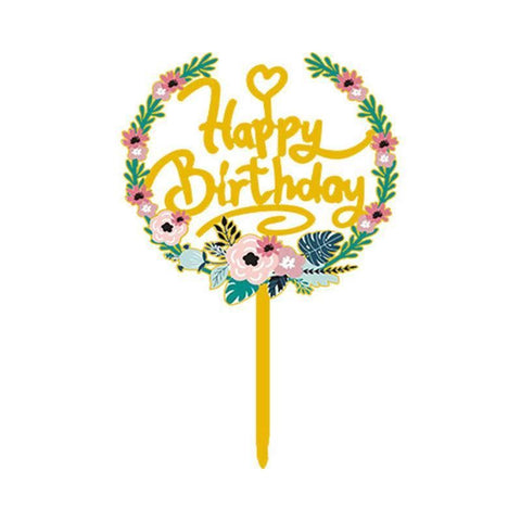 Happy Birthday Anniversary Wedding Cake Flowers Topper Acrylic Party Decorations - NO.05