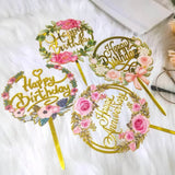 Happy Birthday Anniversary Wedding Cake Flowers Topper Acrylic Party Decorations - NO.05