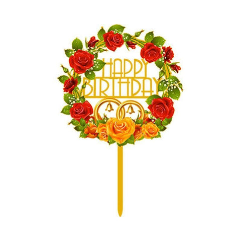 Happy Birthday Anniversary Wedding Cake Flowers Topper Acrylic Party Decorations - NO.09