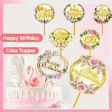 Happy Birthday Anniversary Wedding Cake Flowers Topper Acrylic Party Decorations - NO.09
