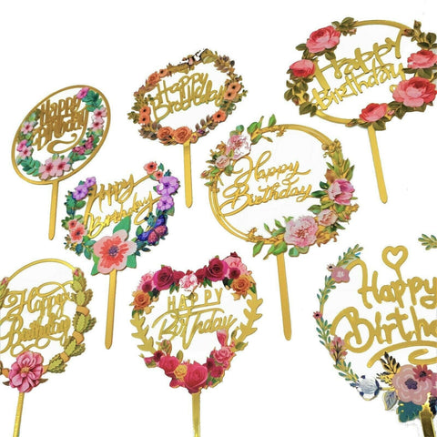 Happy Birthday Anniversary Wedding Cake Flowers Topper Acrylic Party Decorations - NO.09