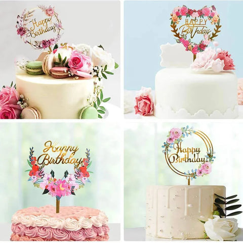 Happy Birthday Anniversary Wedding Cake Flowers Topper Acrylic Party Decorations - NO.09