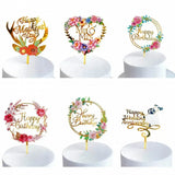 Happy Birthday Anniversary Wedding Cake Flowers Topper Acrylic Party Decorations - NO.09
