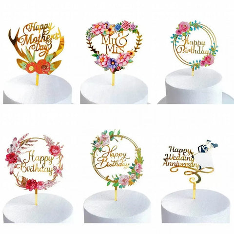 Happy Birthday Anniversary Wedding Cake Flowers Topper Acrylic Party Decorations - NO.09