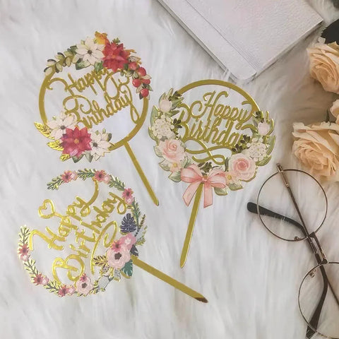Happy Birthday Anniversary Wedding Cake Flowers Topper Acrylic Party Decorations - NO.09