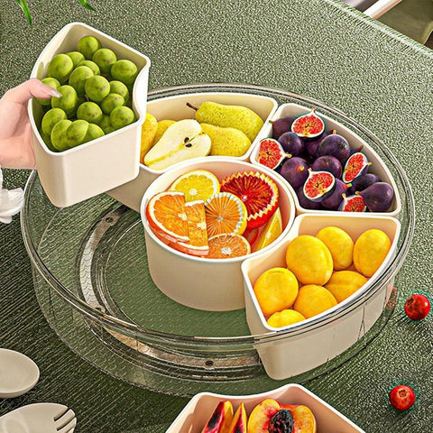 Six Compartment Rotary Fruit Plate Portable Round Snack Box with Lid for Home