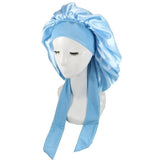 Sleeping Bonnet Hair Wrap Silk Satin Cap Women Elastic Night Hat Soft Headwear - Blue