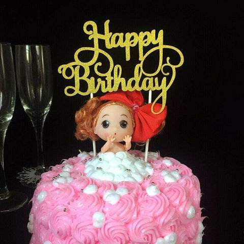 Happy Birthday Cake Topper Colour Printed Acrylic Party Decorations - Gold-Butterfly